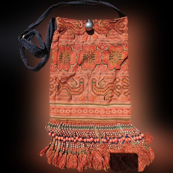 Comfy Bohemian Orange Floral Aztec Beaded Fringe Bag with button closure. Comfy - Picture 1 of 9